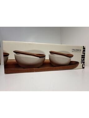 The Cellar 7 Pc Relish Condiment Bowl Set Wood Tray & Spoons New￼